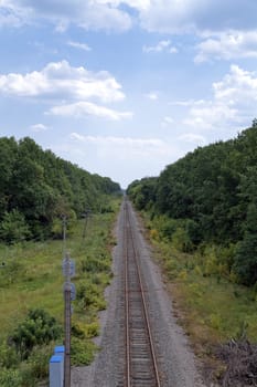 Railroad surrounded by trees stretches to the horizon