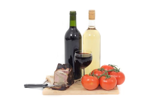 meat and wine isolated on the white background