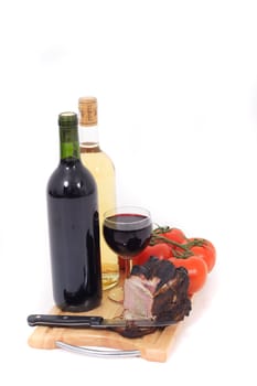 wine and smoked meat isolated on the white background