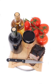 wine and smoked meat isolated on the white background