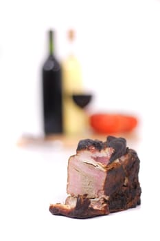 wine and smoked meat isolated on the white background