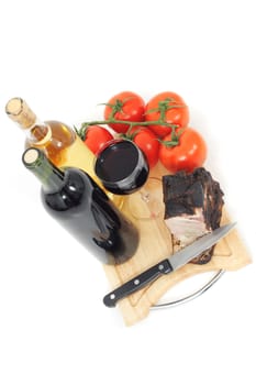 smoked meat and wine isolated on the white background