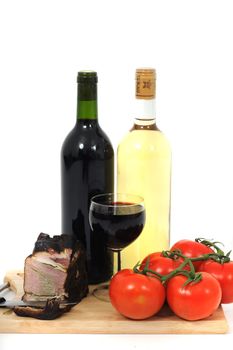 smoked meat and wine isolated on the white background