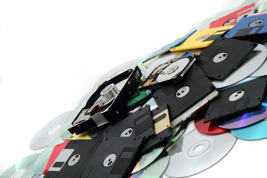 hard drive, floppy disc, and cd-rom as data background 