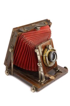 very old wooden camera isolated on the white background