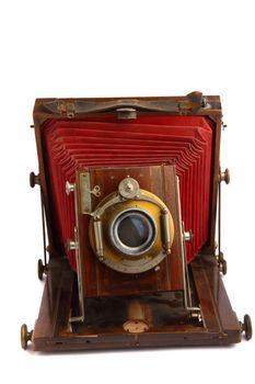 old wooden photo camera isolated on the white background