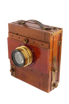 old wooden photo camera isolated on the white background