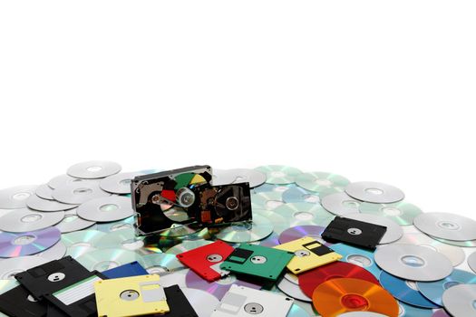 hard drive, floppy disc, and cd-rom as data background 