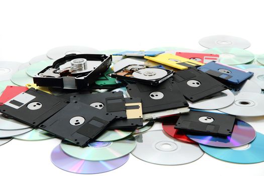 hard drive, floppy disc, and cd-rom as data background 