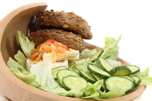 cheese, vegetable and bread isolated on the white background