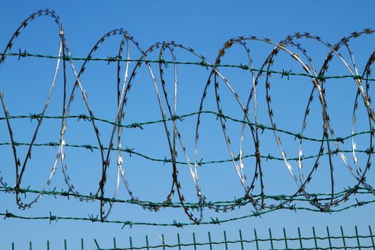 barbed wire against blue sky as war  background