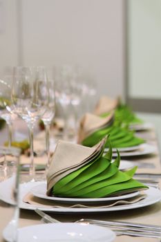 wedding table in the green and white colors 