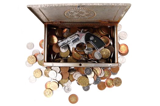 czech money and the gun isolated on the white background