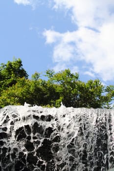 waterfalls with green forest and blue sky 