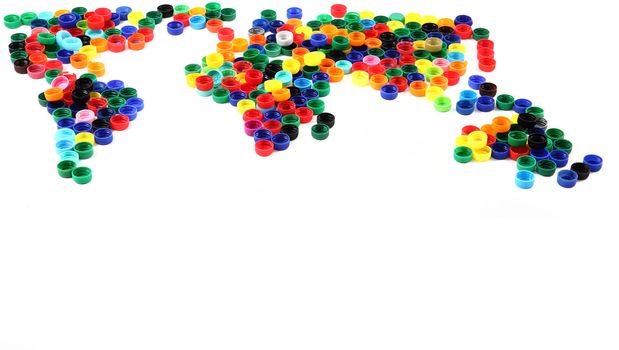 world map from plastic caps isolated on the white background