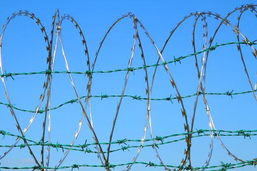 barbed wire against blue sky as nice army background