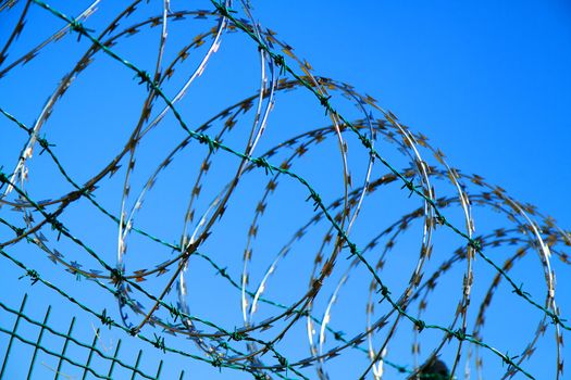 barbed wire against blue sky as war background