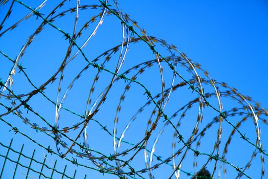 barbed wire against blue sky as war background