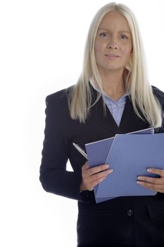 Young business professional holding blue folders on an isolated background