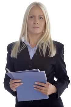 Young business professional holding blue folders on an isolated background