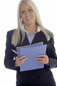 Young business professional holding blue folders on an isolated background