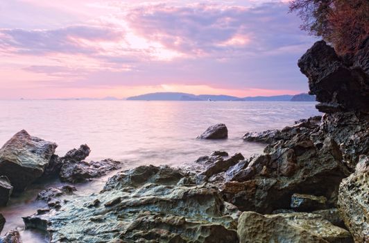 Beautiful sunset on the bank of the Andamandsky sea, Thailand