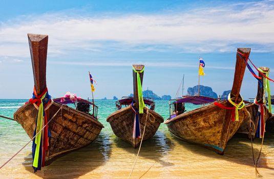 Traditional longtail boats in Railay beach, Thailand