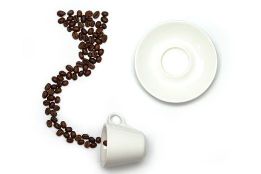 whity cup, saucer and cofee beans isolated on a white background
 