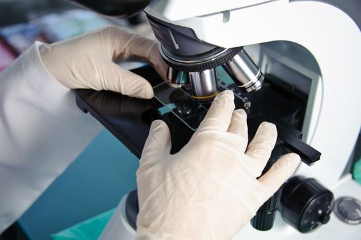 Study under the microscope in the laboratory. Hands in white gloves.