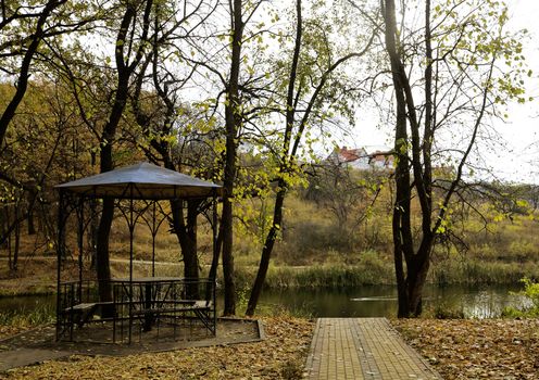 gazebo among fallen leaves in autumn park