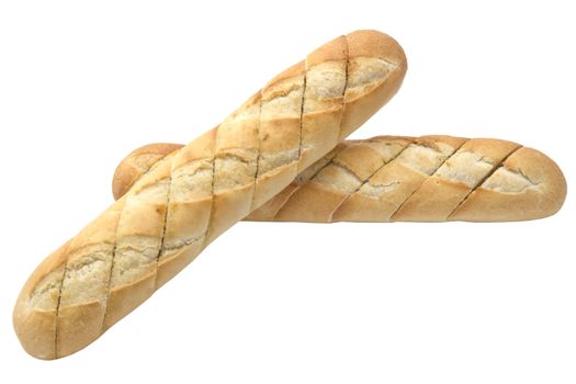 Garlic baguette closeup on white background