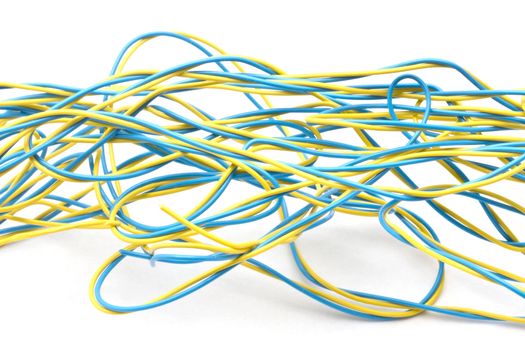 Colorful electrical wire closeup on white background