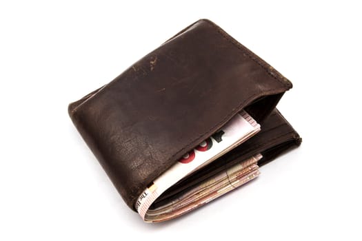 Brown wallet with HK Dollars isolated on white 