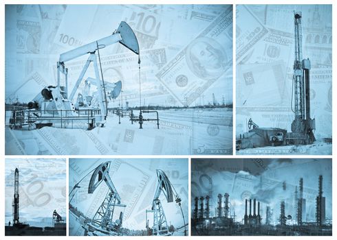 Oil, gas industry and money.  Industrial and financial background. Collage. Monochrome.