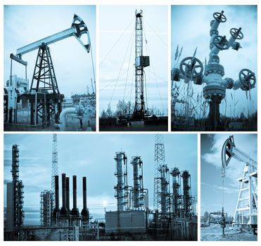 Oil and gas industry. Collage, monochrome, toned blue.