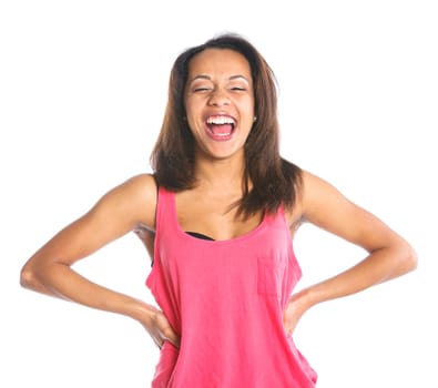 Portrait of an adorable young laughing girl. Isolated white backround