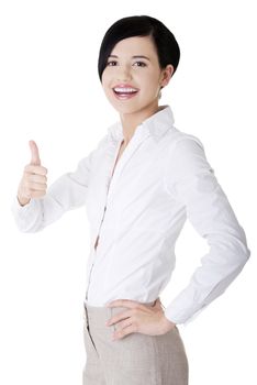 Happy smiling business woman with thumb up. Isolated on white.