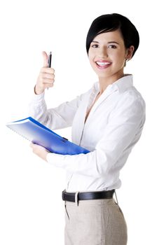 Portrait of attractive caucasian smiling woman gesturing thumb up