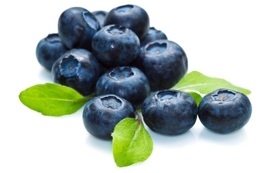 blue berry over white background and green leaf