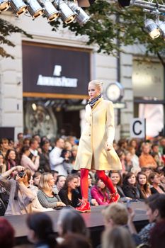 PRAGUE-SEPTEMBER 24: A model walks the runway during the 2011 autumn/winter Czech designers collection during the Prague Fashion Weekend on September 24, 2011 in Prague, Czech Republic.