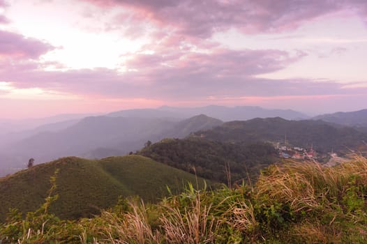 Sunset on the mountains at Thailand - Myanmar border in Kanchanaburi, Thailand.