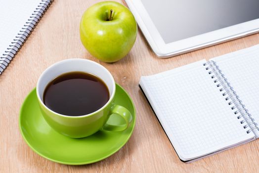 pen, coffee, notepad and tablet, workplace businessman