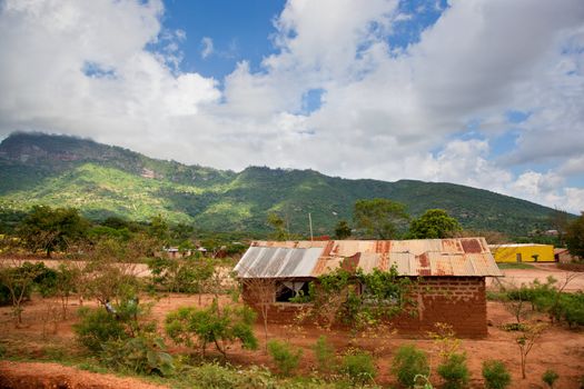Southern Kenya poverty landscape. Small houses in bad condition.