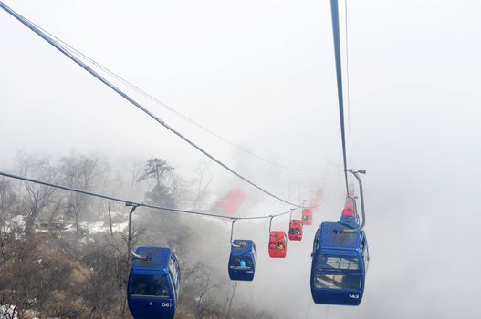 Cable cars in a foggy and cloudy day
