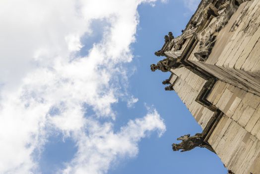 Detail of tower with gargoyles on roof of York Minster, in the UK. The Minster dates back from 1291.