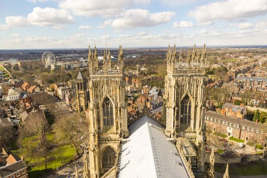 YORK, UK - MARCH 30: Roof of York Minster overlooking city. The Minster dates back from 1291 March 30, 2013 in York.