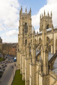 YORK, UK - MARCH 30: Roof of York Minster overlooking city. The Minster dates back from 1291 March 30, 2013 in York.