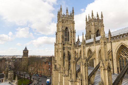 YORK, UK - MARCH 30: Roof of York Minster overlooking city. The Minster dates back from 1291 March 30, 2013 in York.