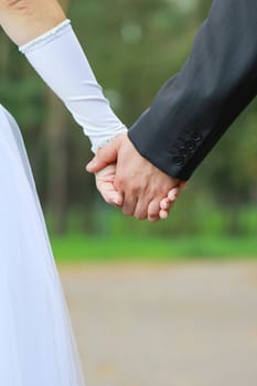 Bride and groom holding hands outdoor