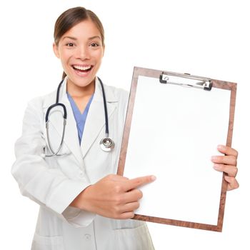Medical doctor woman showing sign clipboard with copy space for text or design. Female medical professional nurse smiling happy isolated on white background. Young mixed race Asian Caucasian model